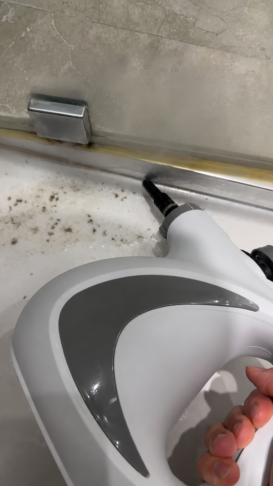 EcoPure steam cleaner cleaning glass shower door trim