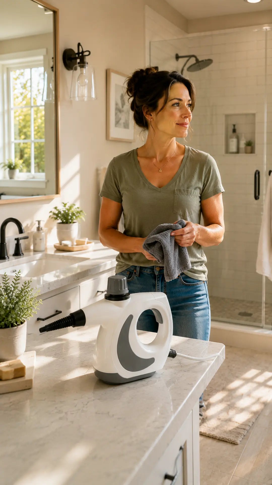 Woman enjoying clean bathroom while EcoPure steam cleaner sits alongside