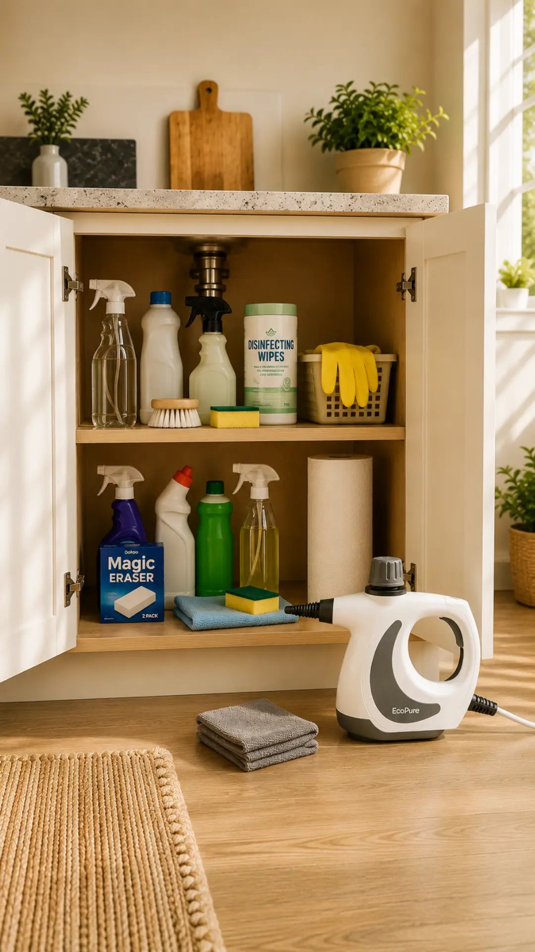 Traditional cleaning agents in cabinet while EcoPure steam cleaner sits alongside